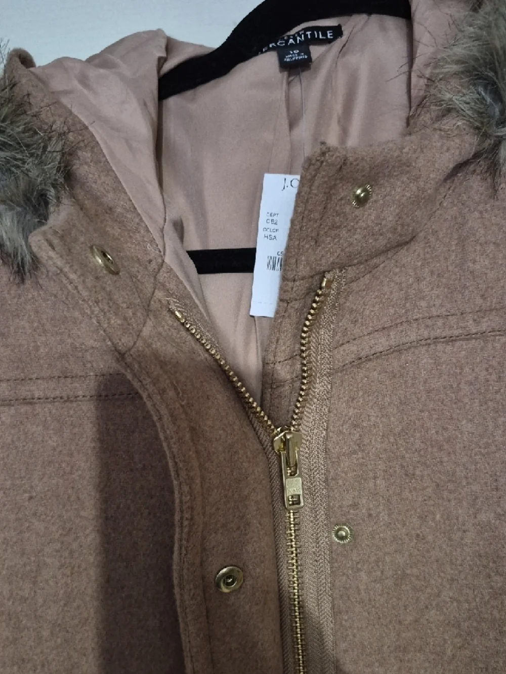 J. Crew Factory Camel Hooded Wool-Blend Pea Coat with Faux-Fur Trim - Picture 3 of 5